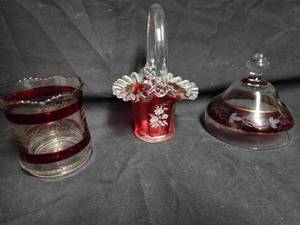 lot 132 image: Trio of Vintage Ruby Red Glassware - Tumbler, Basket, and Dish Cover