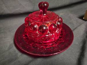 lot 133 image: Ruby Red Glass Eyewinker Butter Dish with Lid