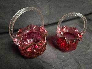 lot 141 image: Pair of Vintage Ruby Red Glass Baskets with Twisted Handles - Small One has a Fenton Sticker