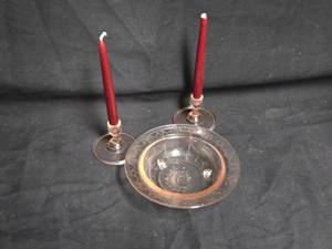 lot 151 image: Depression Glass Candle Holders and Bowl