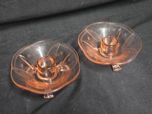 lot 155 image: Pair of Vintage Pink Etched Glass Candle Holders
