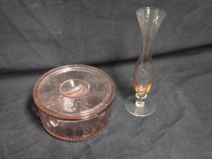 lot 156 image: Pink Glass Covered Dish and Crystal Bud Vase