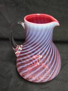 lot 158 image: Hand-Blown Swirled Pink and White Glass Pitcher