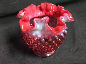 lot 160 image: Fenton Cranberry Opalescent Hobnail Glass Vase