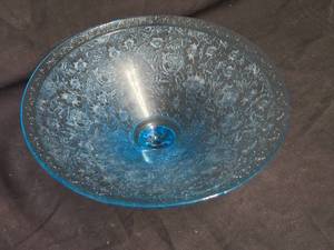 lot 161 image: Blue Depression Glass Compote with Floral Pattern