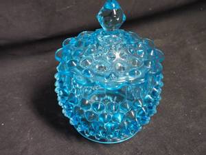 lot 162 image: Blue Hobnail Glass Covered Candy Dish