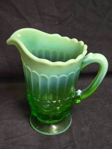 lot 173 image: Victorian Style Green Glass Pitcher with Opalescent Edge - Circa Early 20th Century