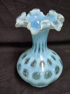 lot 179 image: Blue Opalescent Fenton Coin Dot Ruffled Vase