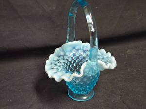 lot 182 image: Fenton Blue Opalescent Hobnail Glass Basket