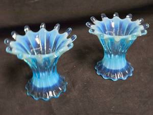 lot 187 image: Pair of Vintage Blue Opalescent Fluted Vases Possibly Fostoria