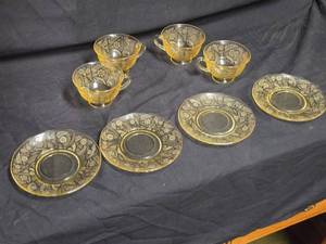 lot 192 image: Set of 4 Vintage Amber Depression Glass Cups and Saucers with Floral Etching