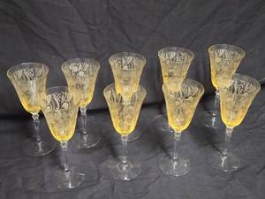lot 195 image: Set of 8 Vintage Amber Depression Glass Wine Goblets with Floral Etching