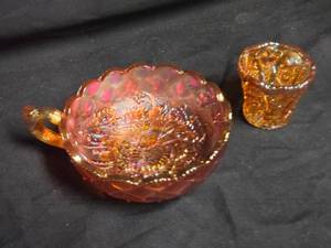 lot 205 image: Marigold Carnival Glass Basket and Toothpick Holder Set