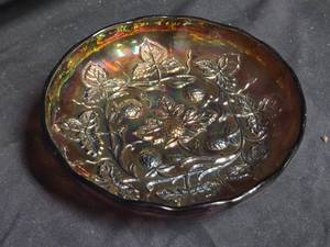 lot 207 image: Fenton Black Amethyst Carnival Glass Bowl with Strawberry Pattern