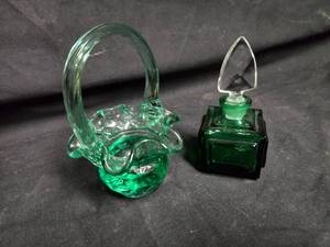 lot 216 image: Vintage Green Glass Perfume Bottle and Basket Set