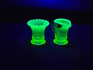 lot 217 image: Vintage Vaseline Uranium Glass Fenton Miniature Pitcher and Vase Set