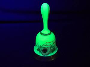 lot 228 image: Antique Vaseline Uranium Glass Souvenir Bell from Olsburg, Kansas