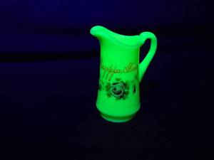 lot 229 image: Antique Vaseline Uranium Glass Souvenir Pitcher from Mazeppa, Minn.