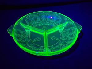 lot 230 image: Vintage Vaseline Uranium Glass Divided Serving Dish - Intricate Floral Pattern