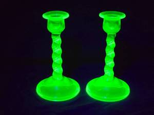 lot 238 image: Pair of Vintage Green Depression Glass Uranium Candlestick Holders