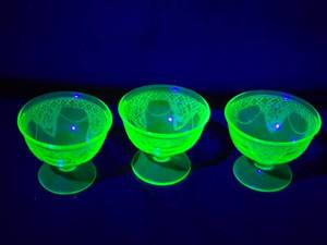 lot 242 image: Set of 3 Vintage Green Depression Uranium Glass Sherbet Cups