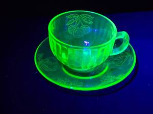 lot 244 image: Vintage Green Depression Uranium Glass Teacup and Saucer Set