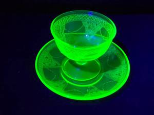 lot 246 image: Vintage Green Depression Glass Uranium Sherbet Cup and Saucer Set