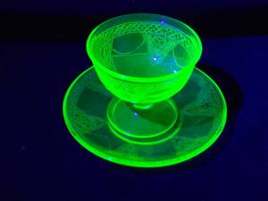 lot 247 image: Vintage Green Depression Glass Uranium Dessert Cup and Saucer Set