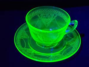 lot 251 image: Vintage Green Depression Glass Uranium Teacup and Saucer Set