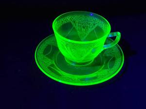 lot 252 image: Green Depression Uranium Glass Teacup and Saucer Set
