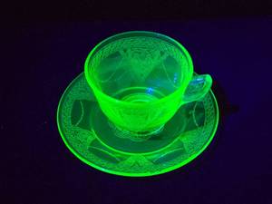 lot 255 image: Green Depression Uranium Glass Teacup and Saucer Set