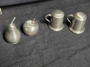 lot 306 image: Vintage WEB Pewter Salt and Pepper Shakers - Fruit and Mug Design Set