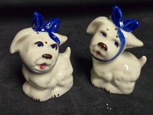 lot 314 image: Vintage Blue Ribbon Dog Salt and Pepper Shakers - Hand-Painted Ceramic