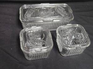 lot 343 image: Vintage Glass Refrigerator Dishes with Lids - Set of 3