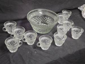lot 353 image: Vintage Cut Glass Punch Bowl Set with 11 Matching Cups
