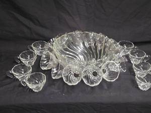 lot 360A image: Vintage Glass Punch Bowl Set with Matching Cups