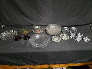 lot 366 image: Vintage Glassware Collection Including Plates, Bowls, Candle Holders, and More