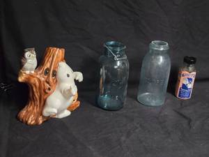 lot 390 image: Vintage Ceramic Cookie Jar, Antique Blue Glass Jars, and Evenflo Baby Bottle Lot