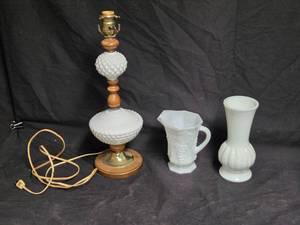 lot 391 image: Vintage Hobnail Milk Glass Lamp, Milk Glass Pitcher, Milk Glass Vase