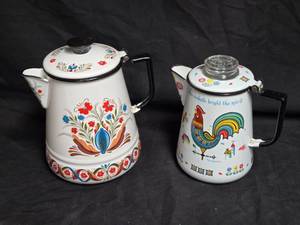 lot 394 image: Vintage Folk Art Enamel Coffee Pots - Rogersen Design