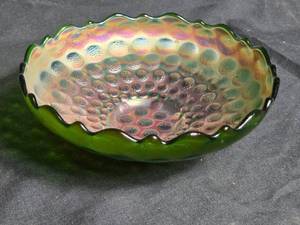 lot 197 image: Fenton Green Stippled Coin Dot Carnival Glass Bowl