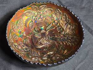 lot 199 image: Rare Fenton Peacock and Urn Carnival Glass Plate Stunning Iridescent Blue Plate, Beaded Berry Exterior Pattern & Sawtooth Edge