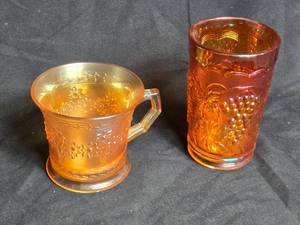 lot 212 image: Imperial Carnival Glass Mug and Tumbler Set with Grape Pattern