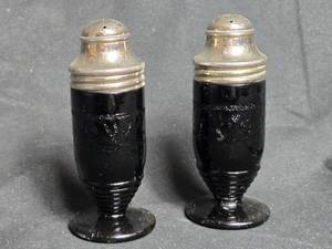 lot 277 image: Black Amethyst Glass Salt and Pepper Shakers with Metal Lids - 3.5 Inches