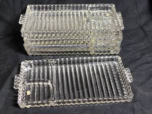 lot 349 image: Vintage Ribbed Glass Snack Trays with Cup Holder Indentations