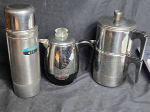 lot 398 image: Vintage Stainless Steel Thermos, Percolator, and Electric Kettle Set