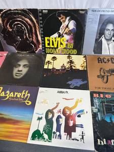 Vintage LP Vinyl Record Lot - Black Sabbath, Rolling Stones, Elvis, Billy Joel, ACDC, Eagles, Neil Diamond, REO Speedwagon, Nazareth, The Animals (45 RPM), The Beatles (45 RPM), and More