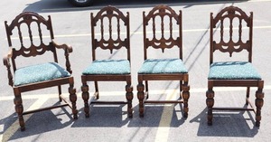 Antique Spanish Renaissance-Style Arm Chair wThree Dining Room Spindle-Back Oak Chairs...