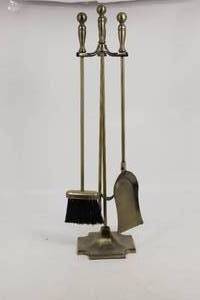 Vintage Elegant Shiny Brass Fireplace Tool Set 3 Piece Plus Stand Round Knob