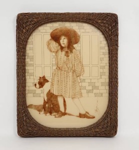 Rare Vintage Reverse Print on Glass Lucid Lines Girl wStraw Hat in Wicker Frame...